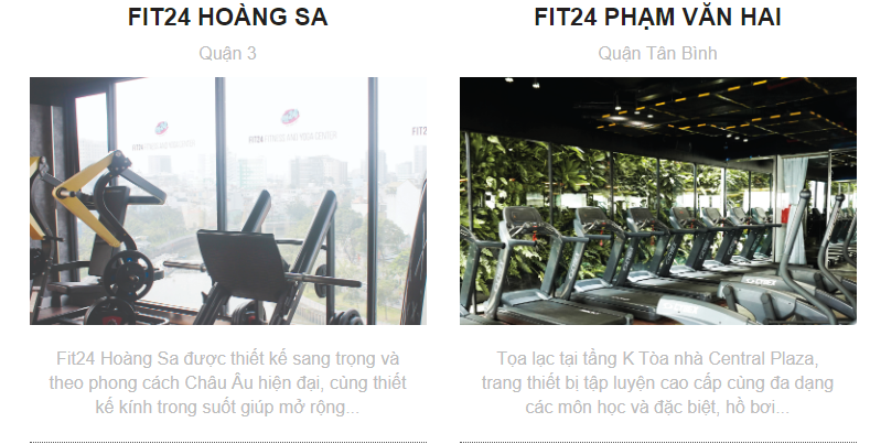 Danh sách phòng gym Fit24h Fitness & Yoga